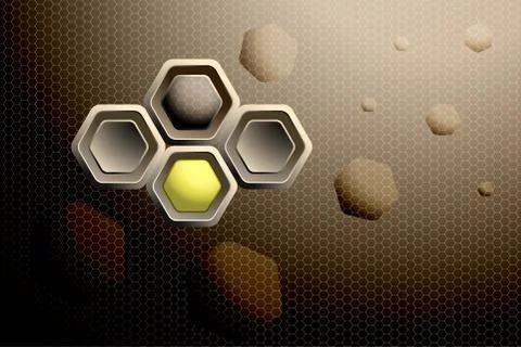 Abstract gradient brown mesh background with hexagon brown and yellow shapes. Stock Illustration