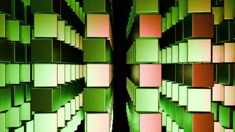 Abstract Gradient Geometric Green and Red Cube Walls Forming a Digital Corr.. Stock Footage 317178069