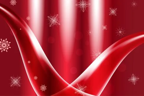 Abstract gradient red background with directional light, waves and snowflakes Stock Illustration