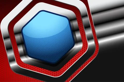 Abstract gradient red mesh background with hexagon blue shape in frame cutout Stock Photos