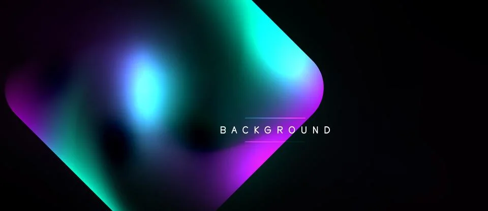 Abstract gradient shapes dominate dark background. Vivid purple, turquoise hu Ilustración de archivo