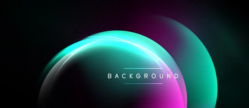 Abstract gradient shapes overlap, creating luminous arc over dark background. Illustrazione stock