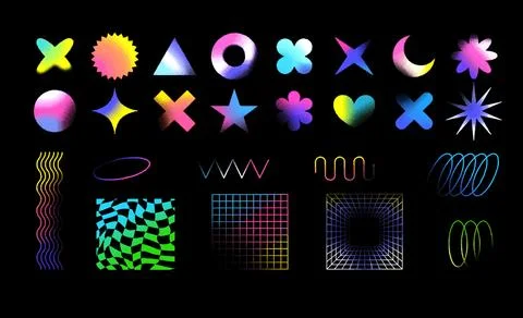 Abstract gradient shapes pixel art holographic glass effect vector set, dotted Stock Illustration