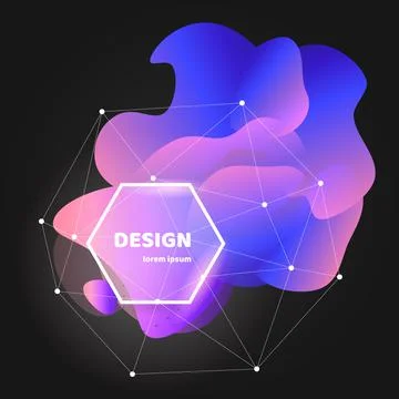 Abstract gradient wavy shape with white frame and polygon mesh on black Stock Illustration