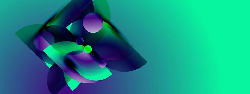 Abstract gradients blend, forming fluid shapes. Vivid teal, purple hues dom.. Stockillustratie