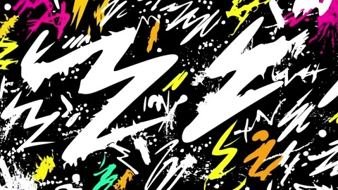 Abstract Graffiti Background With White Zigzags and Neon Splashes on Black 動画素材 315504076