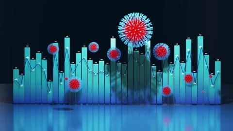 Abstract graph of columns or bars around which coronaviruses like covid-19 fly Stock Footage 146883438