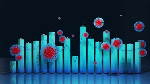 Abstract graph of columns or bars around which coronaviruses like covid-19 fly Stock Footage 146883462
