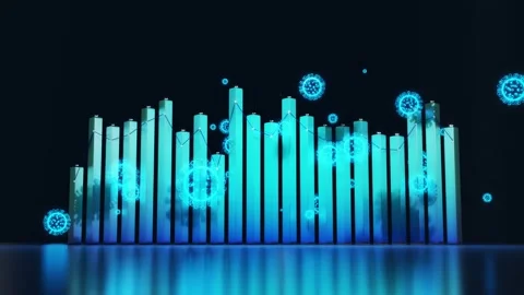 Abstract graph of columns or bars around which coronaviruses like covid-19 fly Stock Footage 147043767