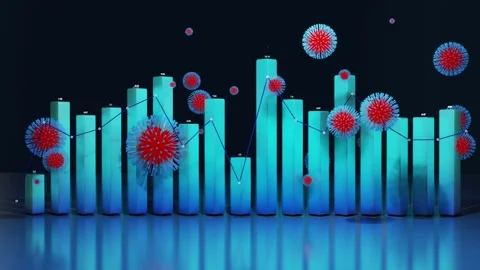 Abstract graph of columns or bars around which coronaviruses like covid-19 fly Stock Footage 153815881