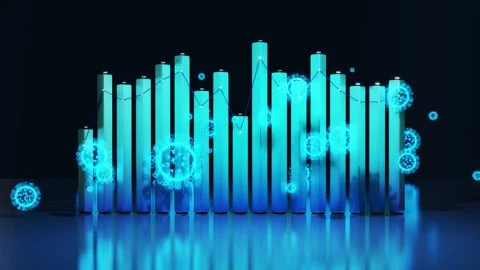 Abstract graph of columns or bars around which coronaviruses like covid-19 fly Stock Footage 155111849