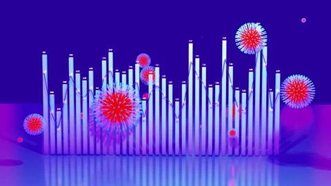 Abstract graph of descending columns or bars around which coronaviruses like Stock Footage 142937638
