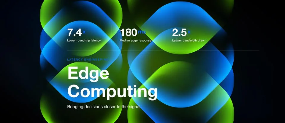 Abstract graphic depicts edge computing concept. Numbers highlight latency, Stock Illustration
