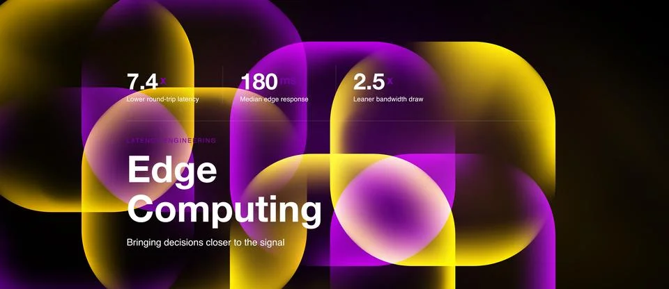Abstract graphic depicts edge computing concept. Vibrant purple, yellow shape Stock Illustration
