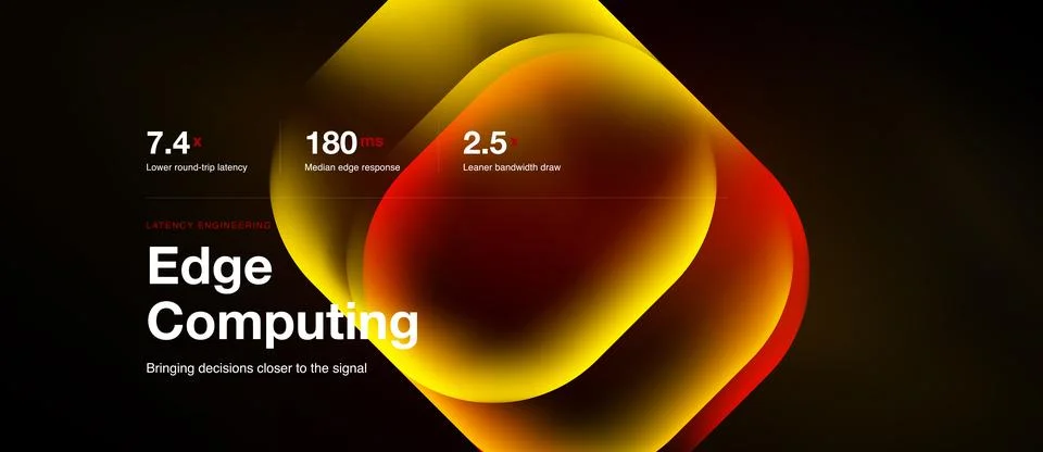 Abstract graphic depicts edge computing concept. Numbers highlight latency, Stock Illustration