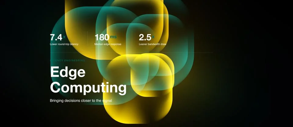 Abstract graphic depicts edge computing concept. Metrics highlight latency, Illustrazione stock