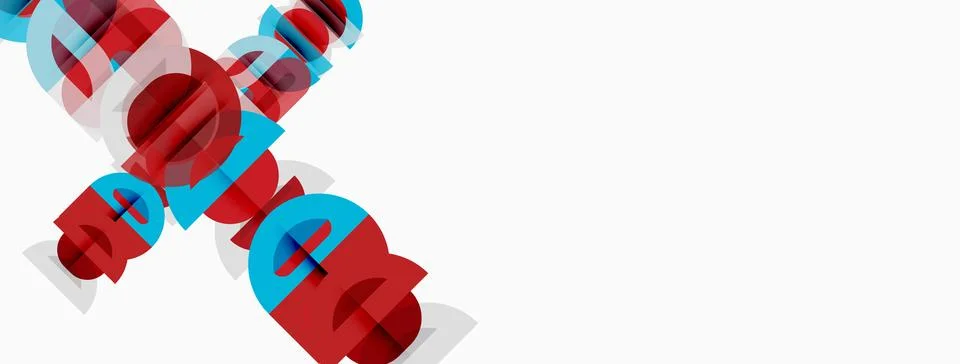 Abstract graphic design features bold red, blue text overlapping white Stock Illustration