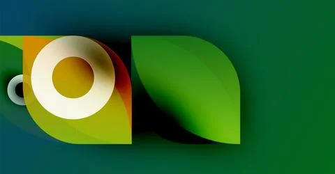 Abstract graphic design features layered leaf shapes. Colors include green, Stock Illustration