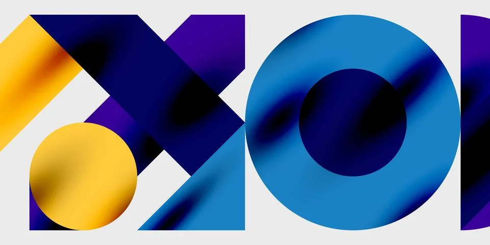 Abstract graphic design features overlapping colorful shapes, letters XO, Stock Illustration