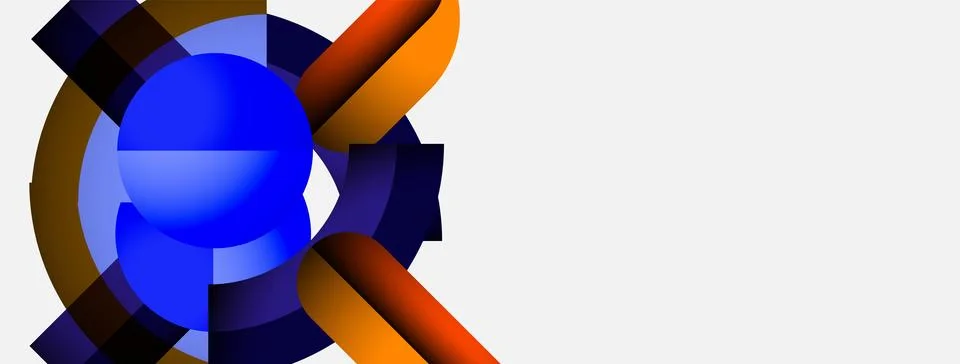 Abstract graphic design features overlapping circles, gears, vibrant blue sphere Illustrazione stock