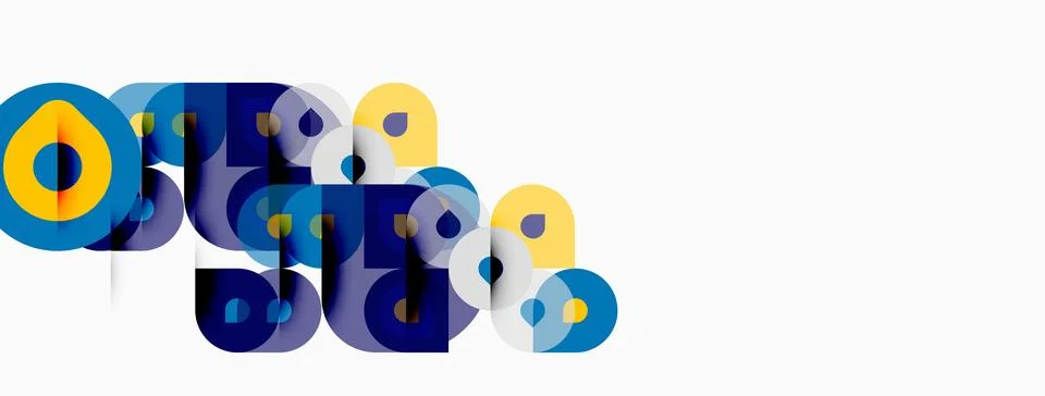 Abstract graphic design features overlapping circles, squares, varied hues. Stock Illustration