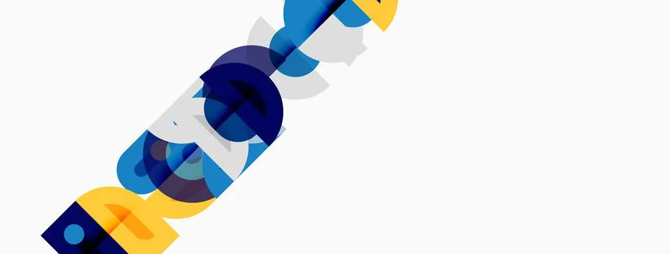 Abstract graphic design features overlapping colorful shapes, circles, lines. Stockillustratie
