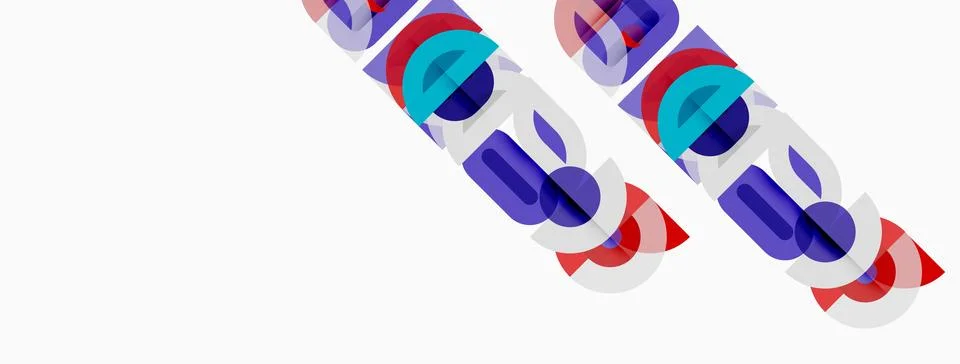 Abstract graphic design features overlapping colorful shapes forming text. Illustrazione stock