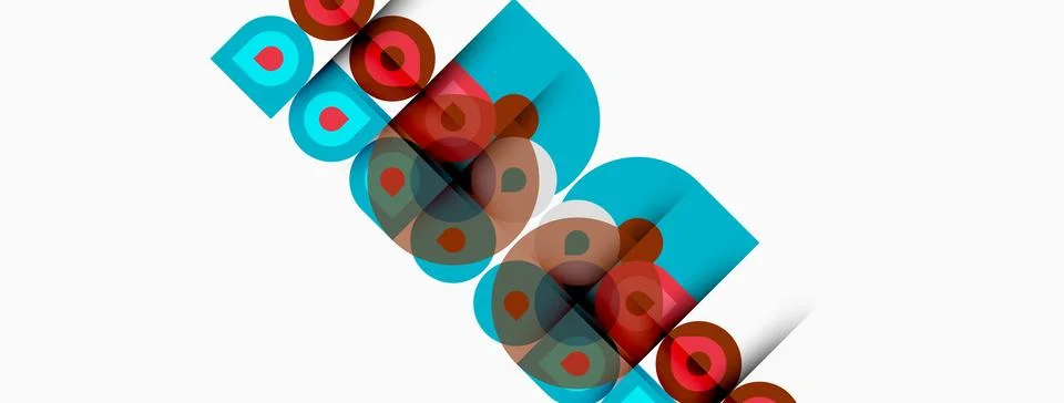 Abstract graphic design features overlapping blue squares, red circles. Stockillustratie