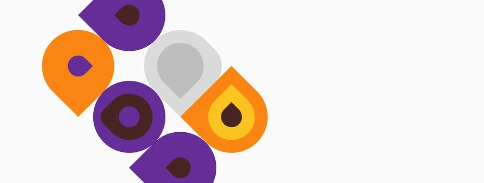 Abstract graphic design features overlapping rounded shapes, orange, purple, Stock Illustration