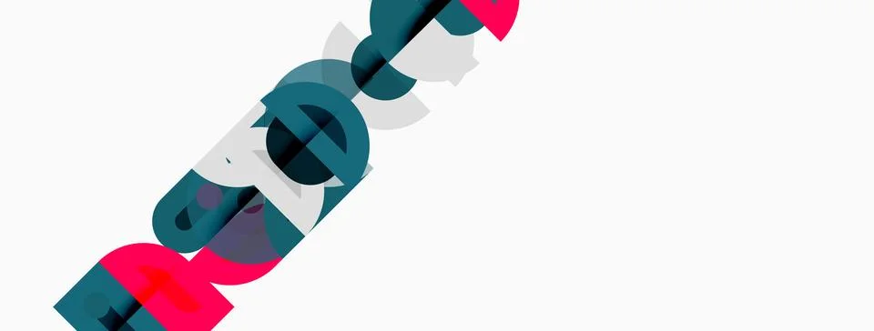 Abstract graphic design features overlapping colorful shapes forming text. Stock Illustration