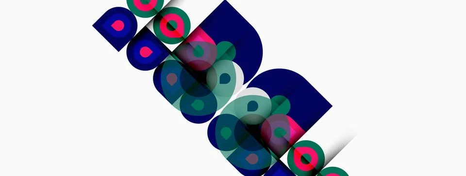 Abstract graphic design features overlapping colorful circles, squares. Moder 库存插图