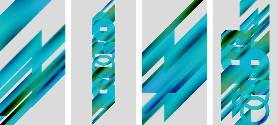 Abstract graphic design featuring blue stripes, geometric shapes, text elements. Illustrazione stock