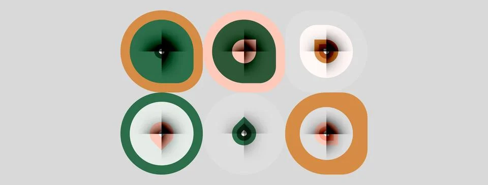 Abstract graphic design featuring six circular elements. Colors include green Stock Illustration