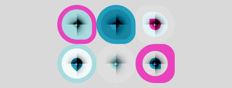 Abstract graphic design featuring six circular elements. Colors include pink, Stock Illustration