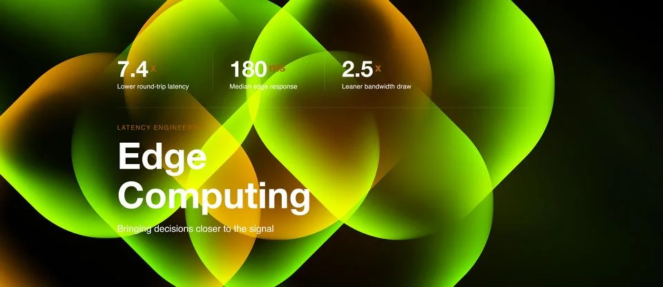 Abstract graphic displays edge computing concept. Numbers highlight latency, Stock Illustration