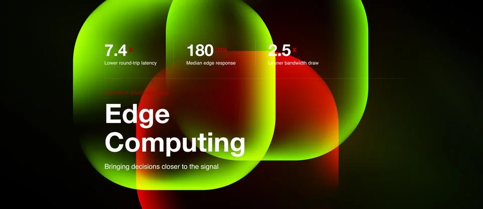 Abstract graphic displays edge computing metrics. Numbers highlight latency, Stock Illustration