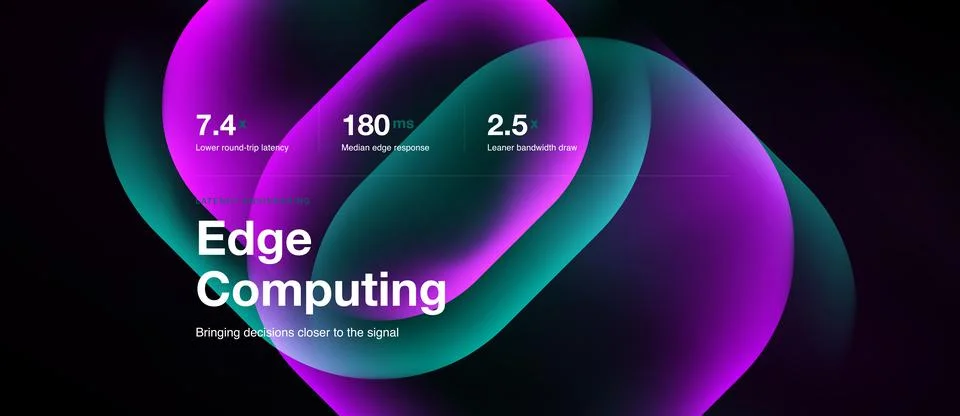 Abstract graphic displays edge computing concept. Metrics highlight latency, Illustrazione stock