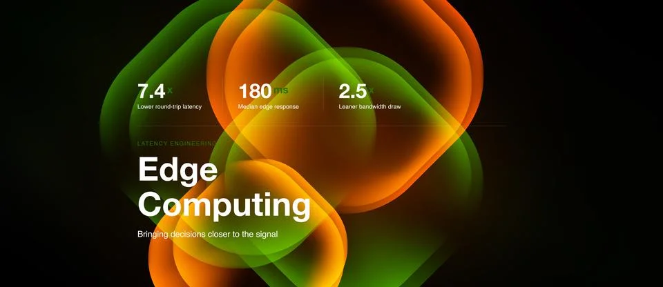 Abstract graphic displays edge computing concept. Numbers highlight latency, Stock Illustration