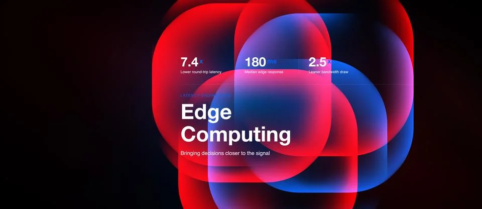 Abstract graphic displays edge computing concept. Numbers highlight latency, Stock Illustration