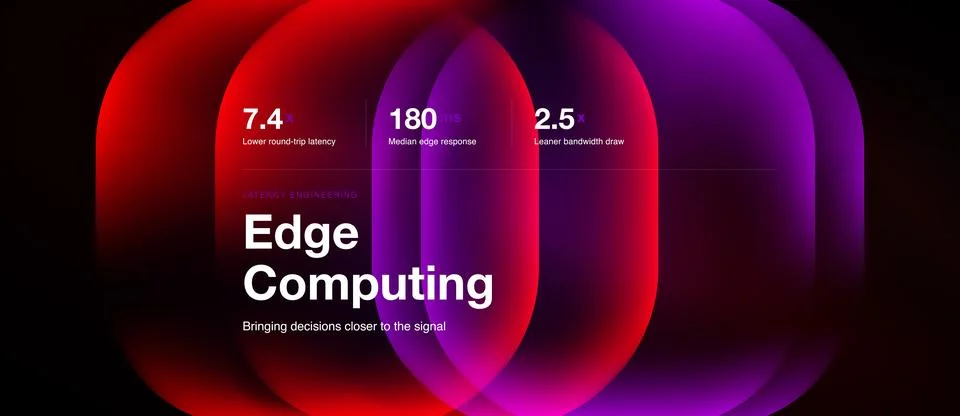 Abstract graphic displays edge computing concept. Metrics highlight latency, Stock Illustration