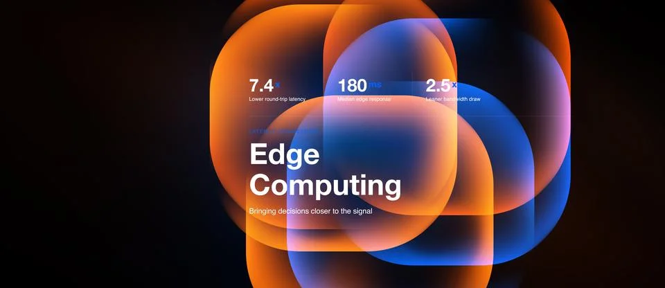 Abstract graphic displays edge computing concept. Numbers highlight latency, Stock Illustration