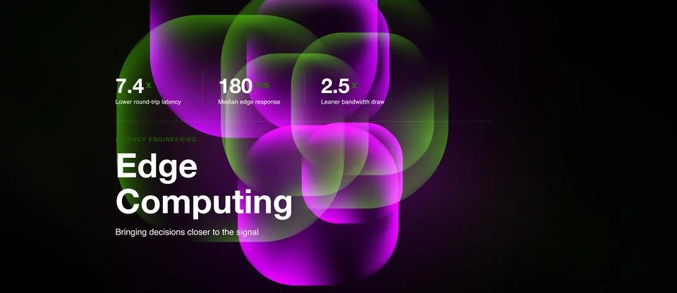Abstract graphic displays edge computing concept. Metrics highlight latency, Stock Illustration