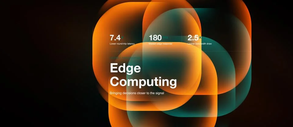Abstract graphic displays edge computing concept. Numbers highlight latency, Stock Illustration