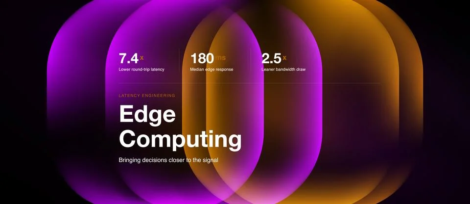 Abstract graphic displays edge computing concept. Metrics highlight latency, Stock Illustration
