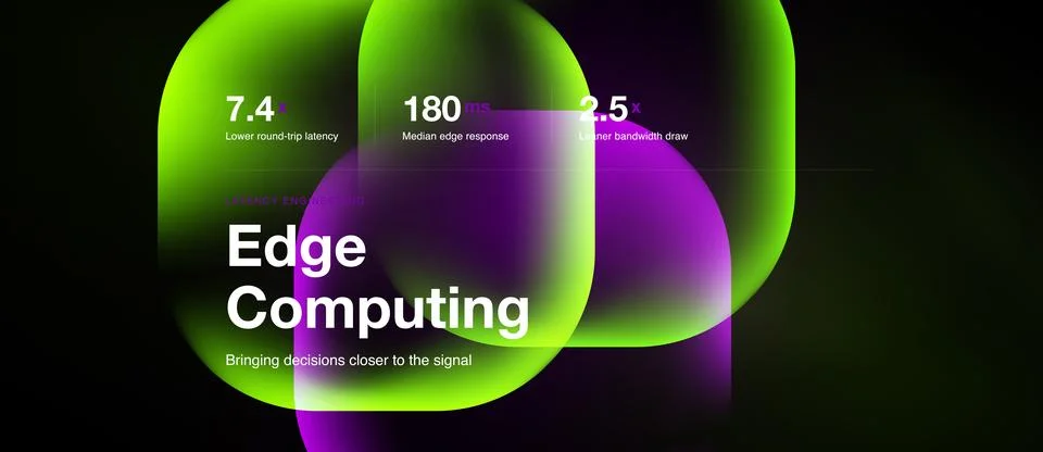 Abstract graphic displays edge computing metrics. Numbers highlight latency, Stock Illustration