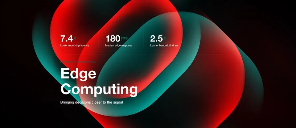 Abstract graphic displays edge computing concept. Metrics highlight latency, Stock Illustration