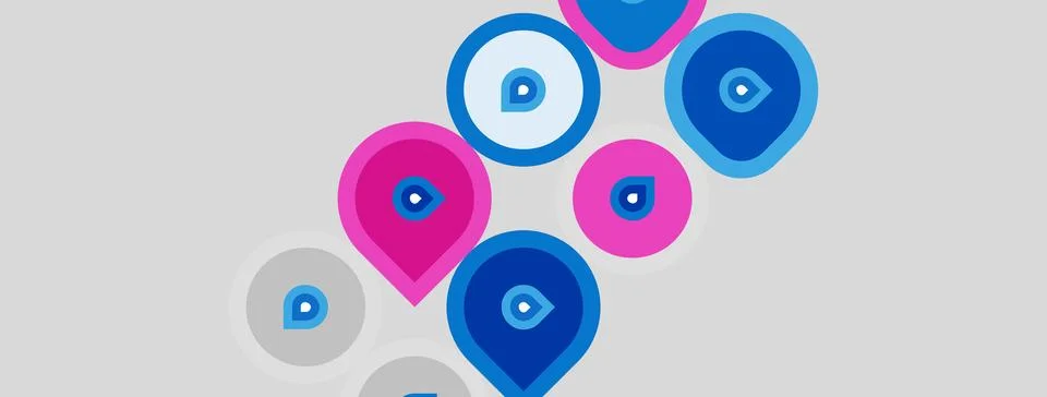 Abstract graphic features colorful map markers. Circles, varying hues, sugges Illustrazione stock
