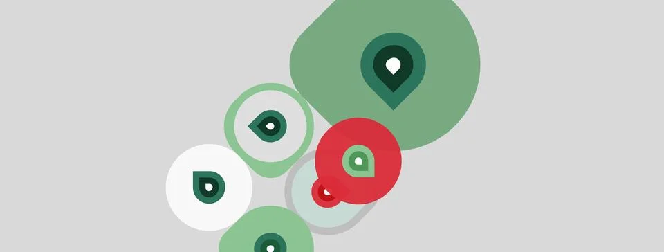Abstract graphic features overlapping circles, varied colors, pinpoint marker Stock Illustration