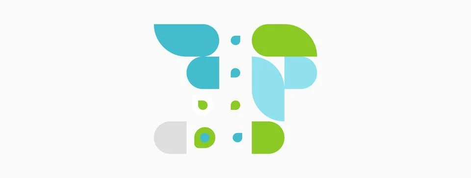Abstract graphic features rounded shapes, blue, green hues. Dots connect form Ilustração Stock