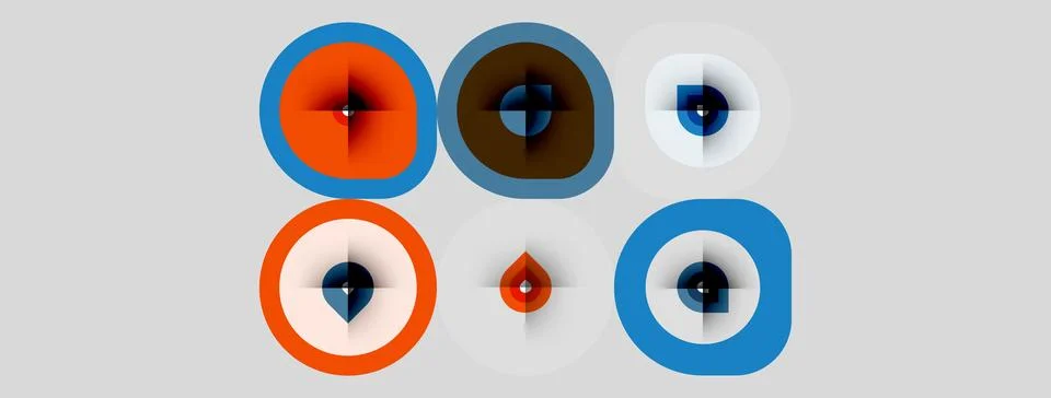 Abstract graphic features six circular designs. Colors include orange, brown, Stockillustratie